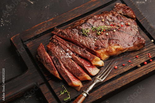 Canvastavla Medium rare sliced grilled striploin beef steak served on wooden board with vintage fork, salt, thyme and peppercorns