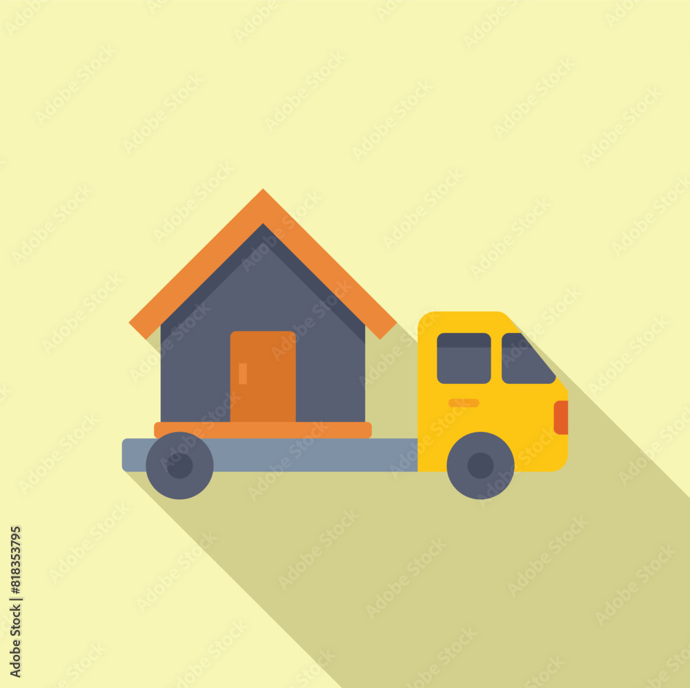 Flat design of a quirky moving truck carrying a small house, symbolizing relocation or home delivery concept Flat design of a quirky moving truck carrying a small house, symbolizing relocation or home delivery concept