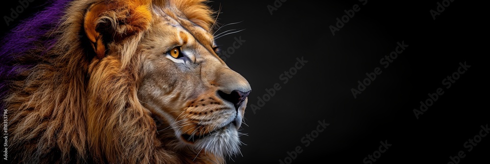 Naklejka premium A close-up portrait of a proud and majestic lion against a black background.