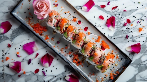 Japanese uramaki sushi rolled with fresh salmon