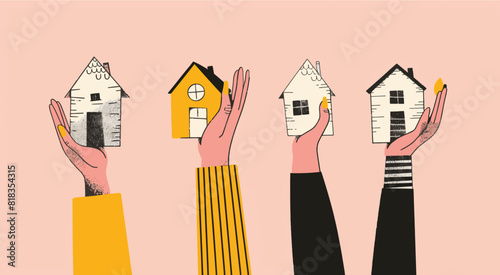 Hands holding up different small houses. real estate hand drawn style illustration