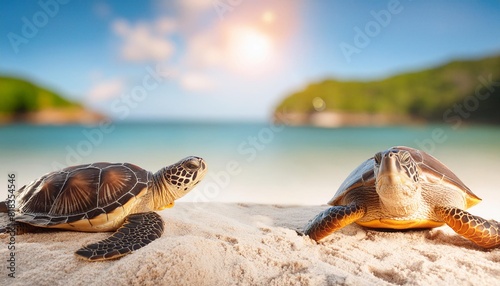 Two turtles on the sand on the beach photo