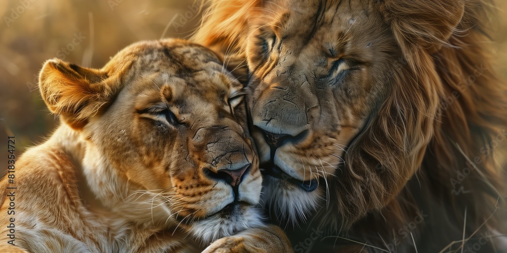 Fototapeta premium A lion and a lioness laying side by side in a close and relaxed position.