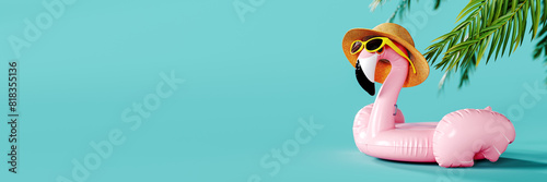 Pink flamingo with hat and sunglasses on turquoise blue background with copy space. Summer travel concept design. 3D Rendering, 3D Illustration
