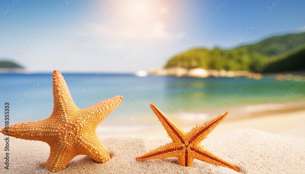 close-up starfish on the sand on the beach and the sea in the background close-up starfish on the sand on the beach and the sea in the background