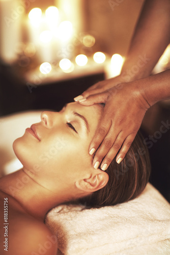 Hands  girl and head massage at spa for wellness  health or relax for hospitality at resort. Masseuse  client and care for scalp  headache treatment and physical therapy for healing at luxury salon