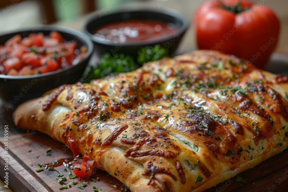 Calzone: A folded pizza with a golden crust, oozing with cheese and various fillings, with a side of marinara sauce. Calzone: A folded pizza with a golden crust, oozing with cheese and various fillings, with a side of marinara sauce.