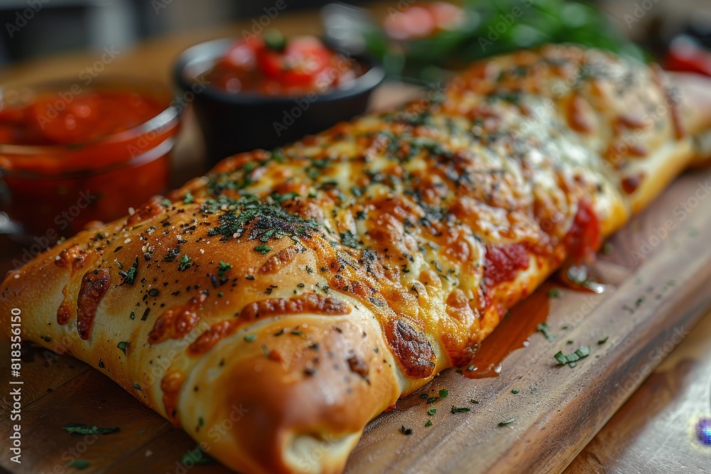 Calzone: A folded pizza with a golden crust, oozing with cheese and various fillings, with a side of marinara sauce. Calzone: A folded pizza with a golden crust, oozing with cheese and various fillings, with a side of marinara sauce.