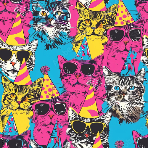 Repeating seamless pattern of funny wild color illustration cats kittens in sunglasses and birthday party hats pop art style bright colorful silly and fun background great party invitation