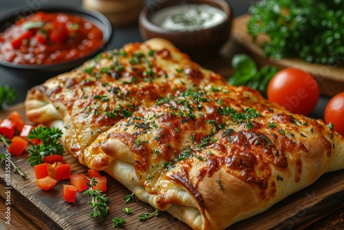 Calzone  A folded pizza with a golden crust  oozing with cheese and various fillings  with a side of marinara sauce.