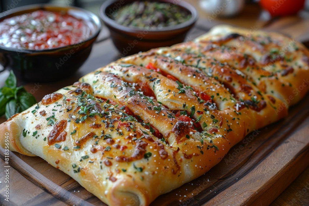 Calzone: A folded pizza with a golden crust, oozing with cheese and various fillings, with a side of marinara sauce. Calzone: A folded pizza with a golden crust, oozing with cheese and various fillings, with a side of marinara sauce.