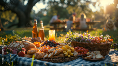  a whimsical picnic scene set in a lush, green meadow on a sunny day.