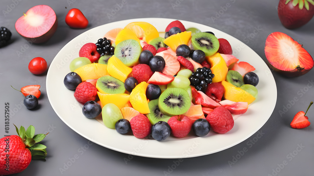 Top view of fruit salad on plate, background, Generative AI