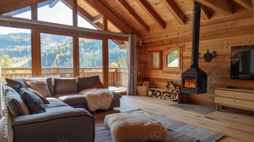 Luxurious cabin interior bedroom design with rustic accents and a roaring fireplace with winter scenic background. Photo realistic 3d model scene. 3d rendering. High quality photo