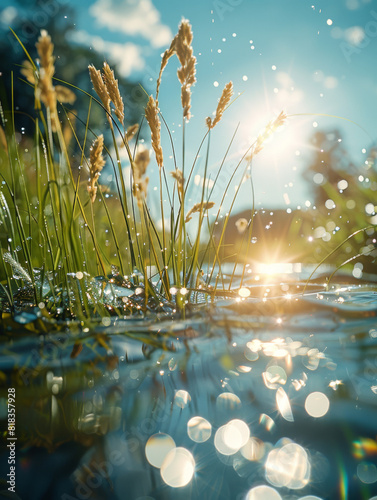 Sunlit Grass Near Water with Sparkling Bokeh