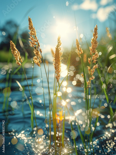 Sunlit Grasses by Water with Sparkling Bokeh