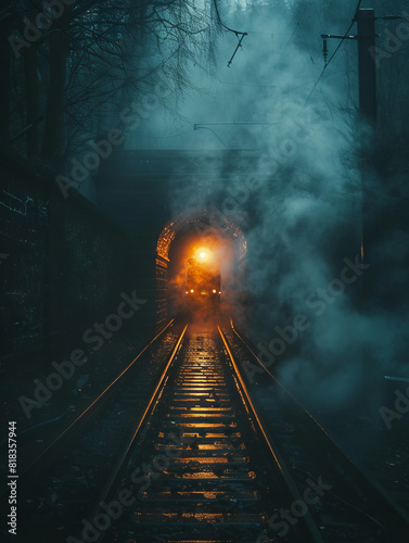 Train Emerging from Dark Tunnel in Misty Night