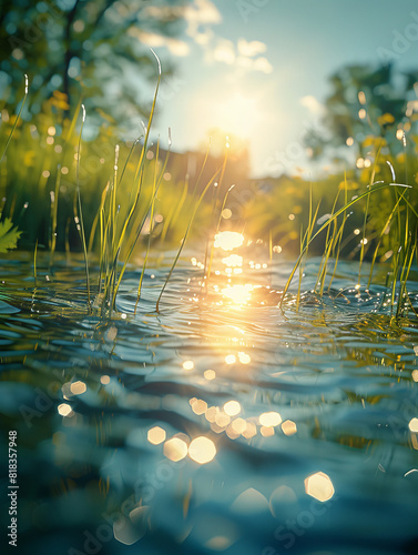 Sunlight Reflecting on Peaceful Water with Grass