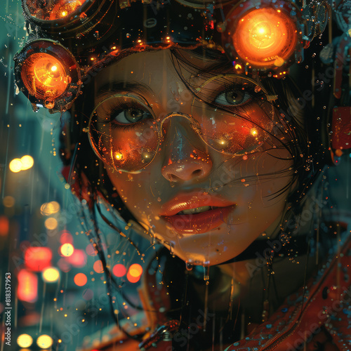 Futuristic Woman in Rain with Neon Goggles