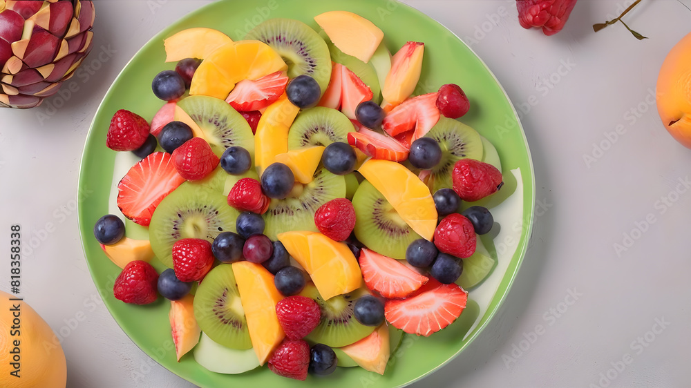 Top view of fruit salad on plate, background, Generative AI Top view of fruit salad on plate, background, Generative AI