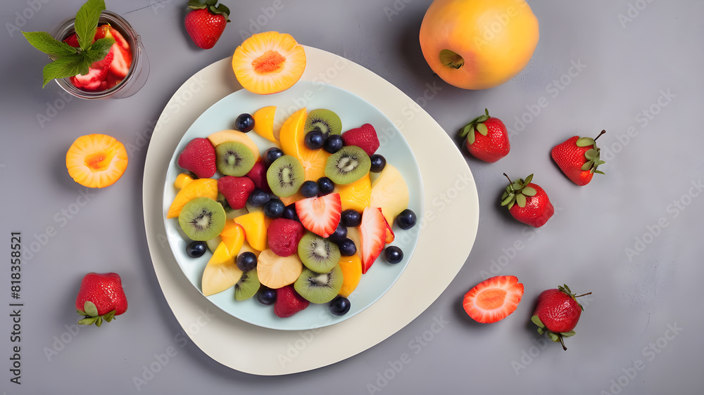 Top view of fruit salad on plate, background, Generative AI