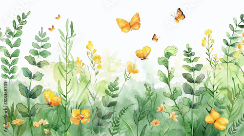 Summer meadow with yellow flowers, green leaves and plants. Flying butterflies. Watercolor illustration.