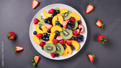 Top view of fruit salad on plate, background, Generative AI
