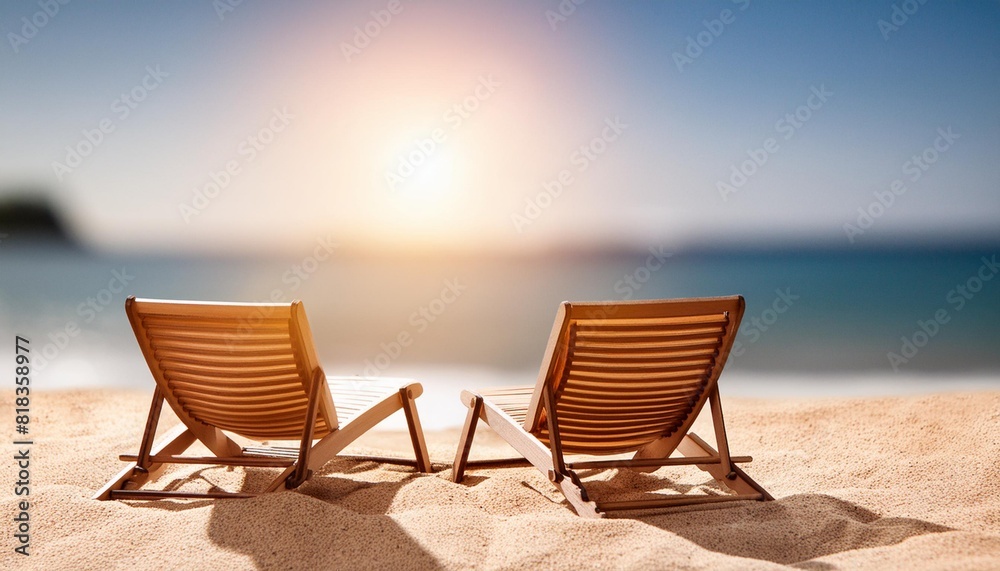 sun loungers on the sand on the beach and sea view in the background