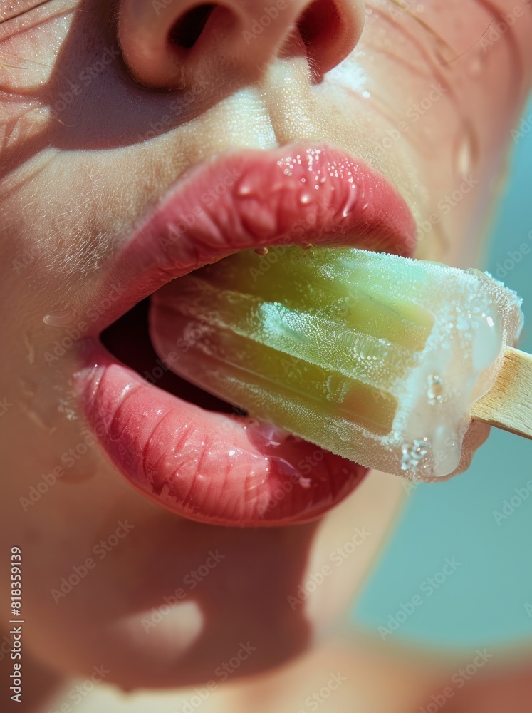 Fototapeta premium Pretty girl enjoying ice cream - a delightful moment captured, as a young woman savors the sweetness of ice cream, radiating joy and enjoyment in a simple pleasure.