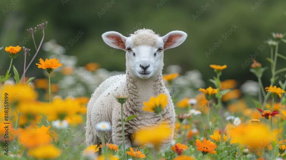 Cute white lamb grazing in a flower meadow Cute white lamb grazing in a flower meadow