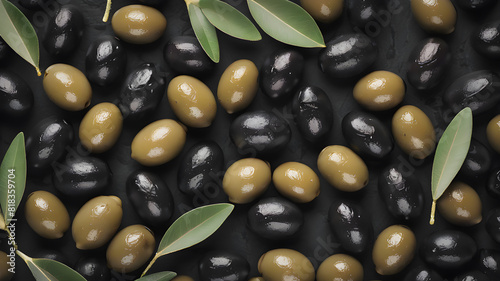 Black and green olives and olive leaves in front of dark background, Generative AI