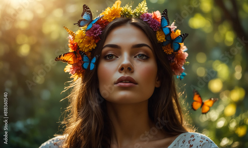Portrait. A Beautiful Young Woman in the Forest with Colorful Butterflies on Her Head.