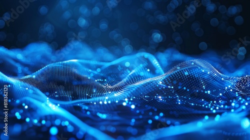 Abstract blue tech background with digital waves, dynamic network system, artificial neural connections, cyber quantum computing and electronic global intelligence 