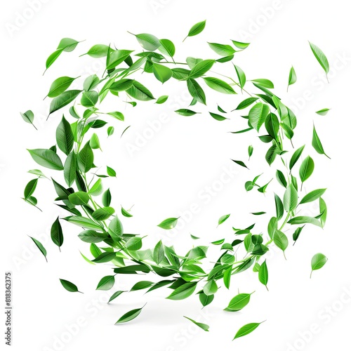 Realistic leafs flying movement swirl around circles cutout backgrounds 3d render isolated on white background 