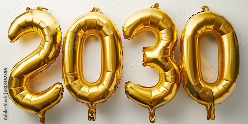 A group of balloons in golden color with the year 2030 written on them