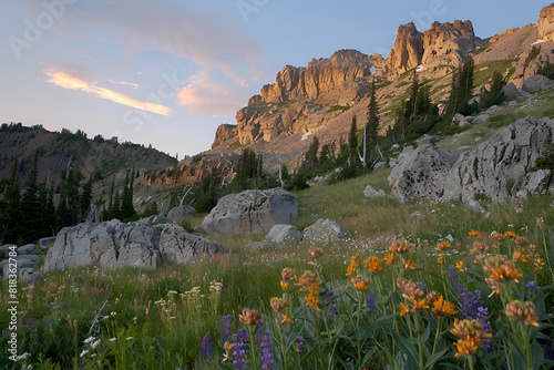 Sunset on Devils Castle and wildflowers in Albion Basin at Alta Ski Resort. photo