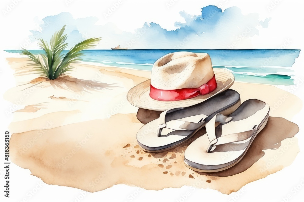 Obraz premium Sandals and summer hat on the beach, clip art in minimalist style. Travel time, vacation.