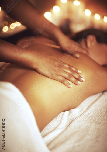 Woman, back and hands for massage in spa for wellness, pamper treatment and hospitality. Peace, body session or service with physical therapy on vacation, holiday and girl client to relax in Thailand
