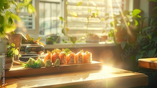 Sushi set and maki on the table and kitchen background with sunny rays for advertise   photo