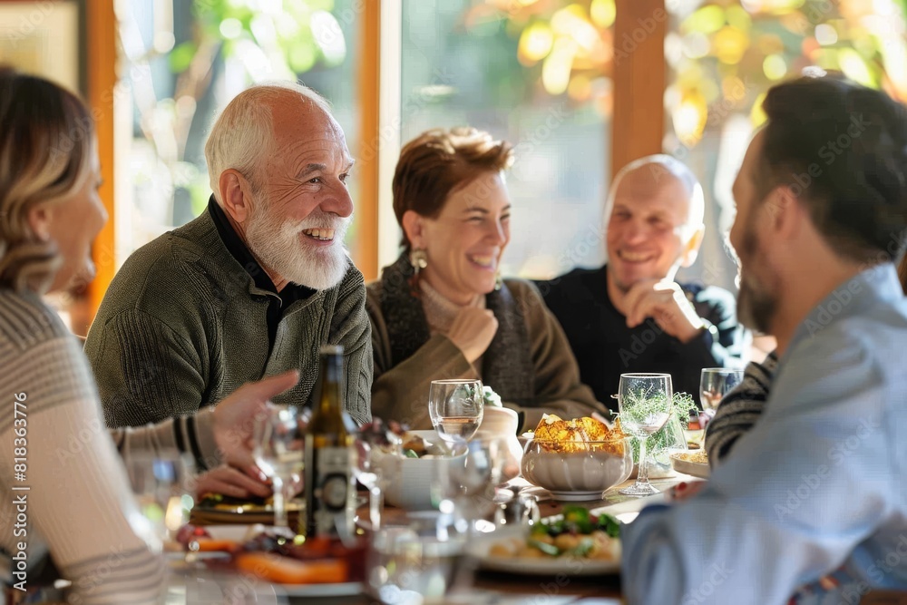 Family dinner with mature adults enjoying a conversation over a meal, in a cozy, well-lit environment.
Family dinner with mature adults enjoying a conversation over a meal, in a cozy, well-lit environment.