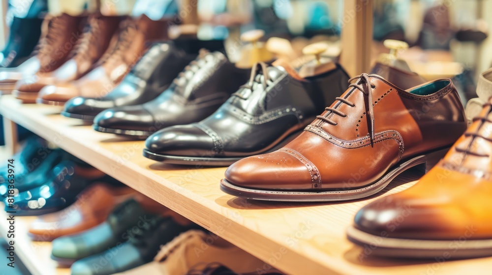 Row of men's classic leather shoes on the shelf on display at a store Row of men's classic leather shoes on the shelf on display at a store
