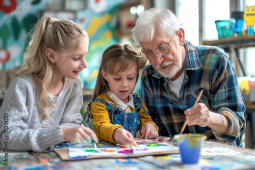 Grandfather teaches painting to his grandchildren, fostering creativity and bonding in an art class. © KirKam