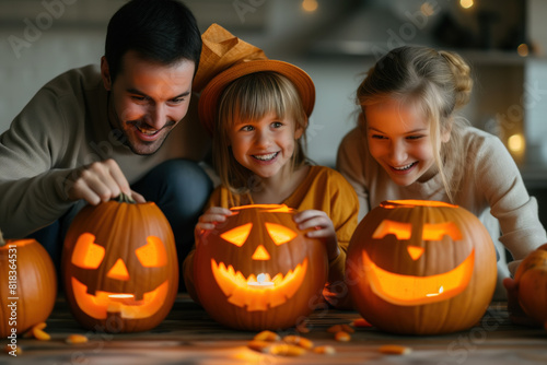 Family enjoys Halloween festivities, carving smiling pumpkins together in a cozy, candlelit setting.