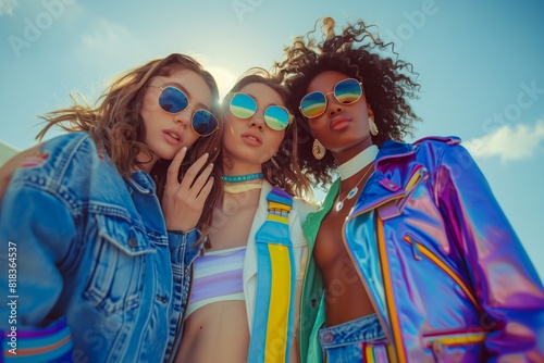 Vibrant Trio: Fashionable Friends in Colorful Outfits and Reflective Sunglasses Embrace Sunlit Urban Style