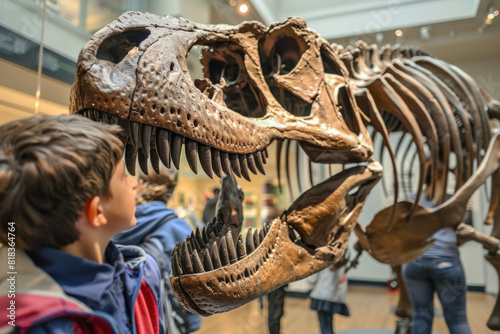 Captivated children exploring a dinosaur skeleton in a museum  learning about prehistoric life.