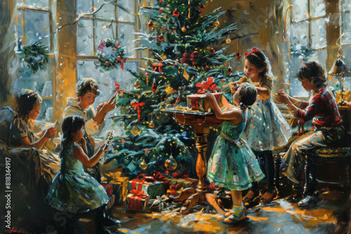 Traditional family Christmas scene with children decorating a tree and opening gifts by a cozy fire.