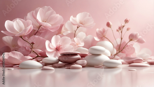 Serene spa background with pink flowers  smooth stones  and soft lighting for relaxation.