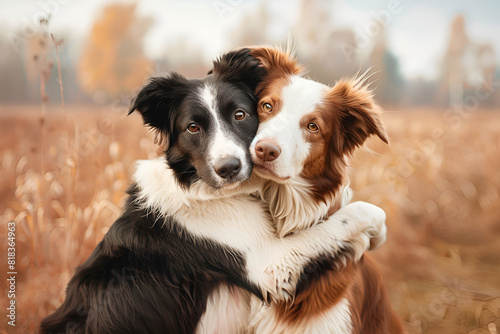 Two dogs hugging together for a walk. Pets in nature. Cute border collie in a field in colors. St. Valentine s Day.