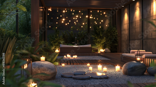 Cozy outdoor spa area with lit candles and stones, atmosphere of relaxation