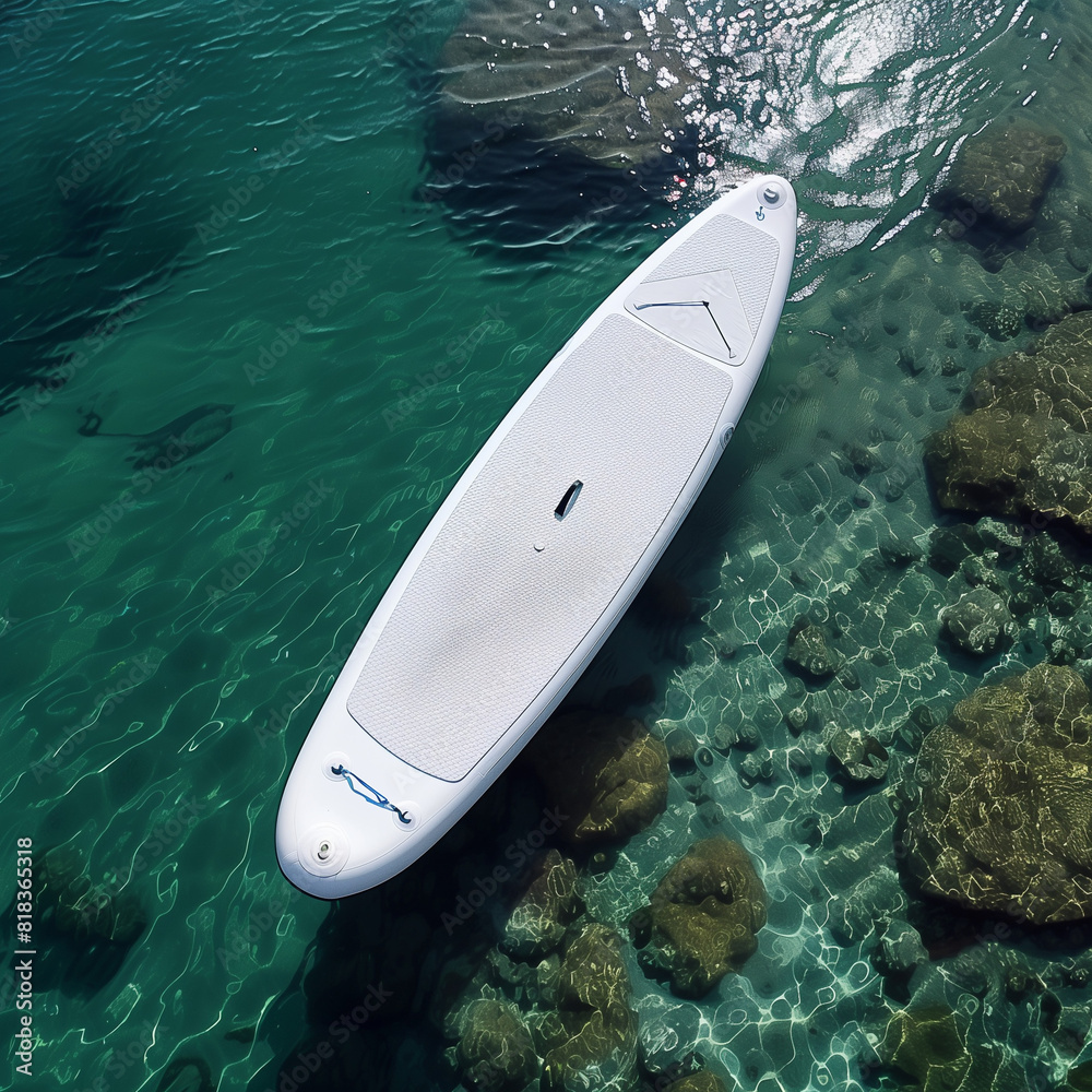 White Paddleboard Floating in the Water Captured from a Rear-Right Angle White Paddleboard Floating in the Water Captured from a Rear-Right Angle
